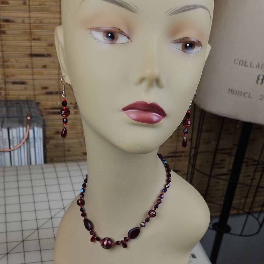 Elegant Red Beaded Necklace and Earring Set From Catatonic Clothing